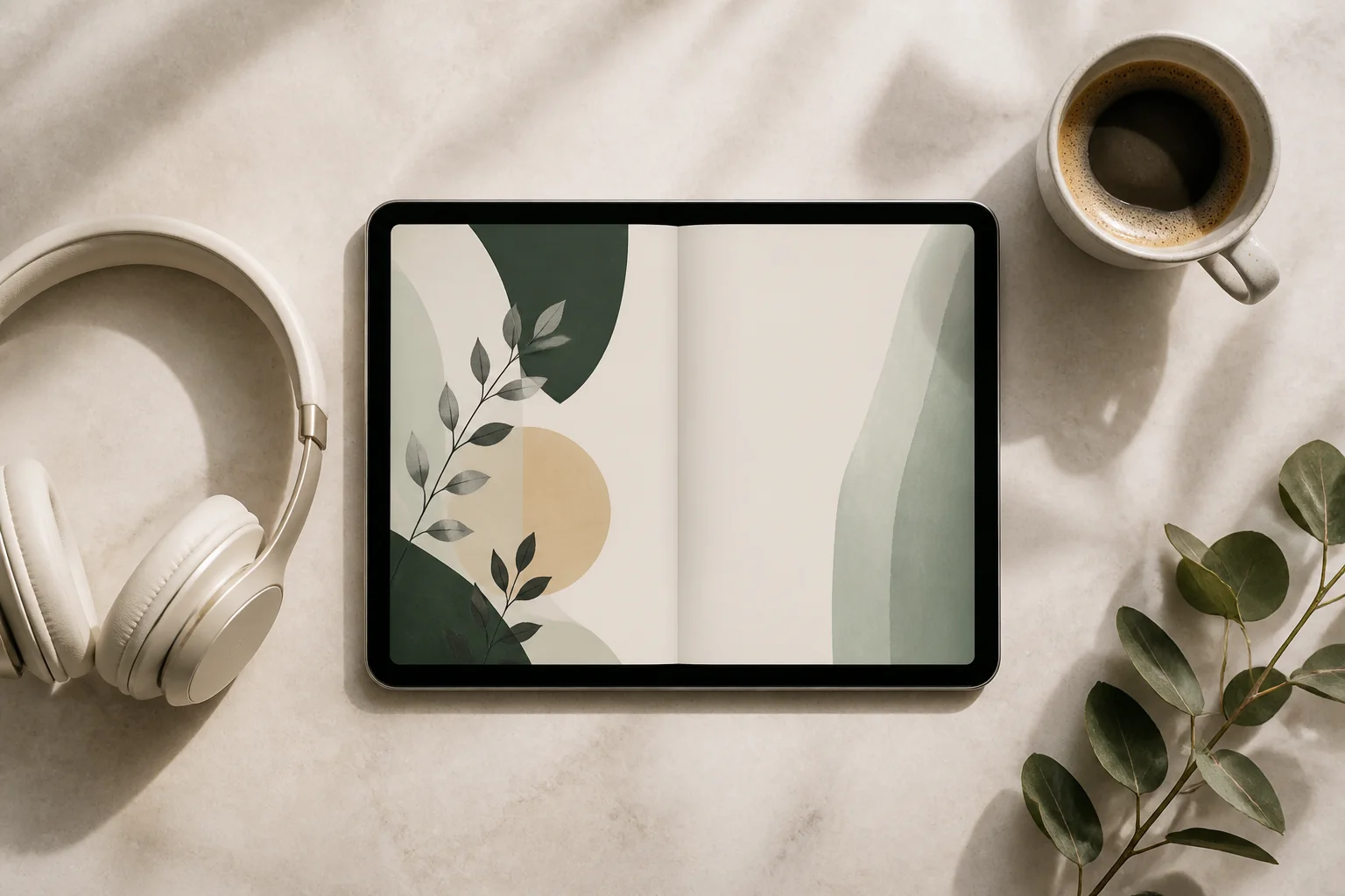 Tablet com eBook aberto, fones e café em uma composição editorial