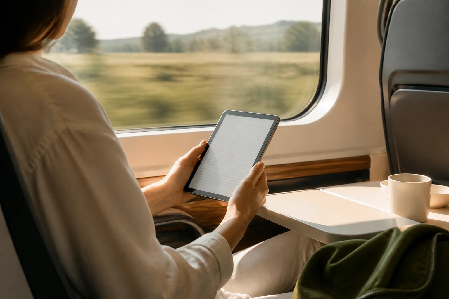 Pessoa lendo um eBook durante uma viagem de trem